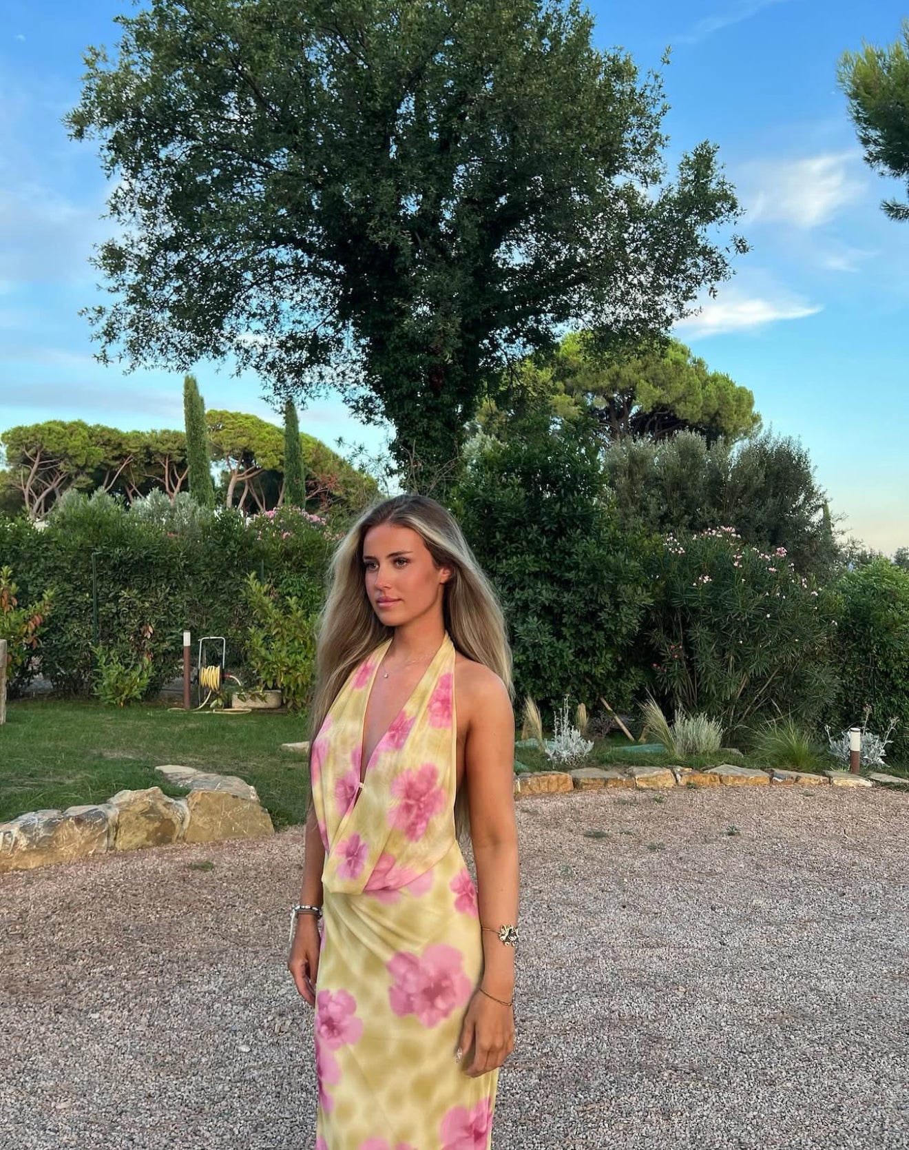 Columbine Maxi Dress in Yellow with Pink Flowers