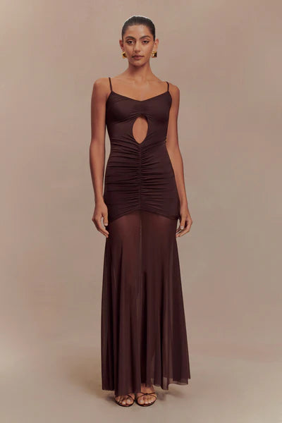 Delaney Slinky And Mesh Maxi Dress in Chocolate