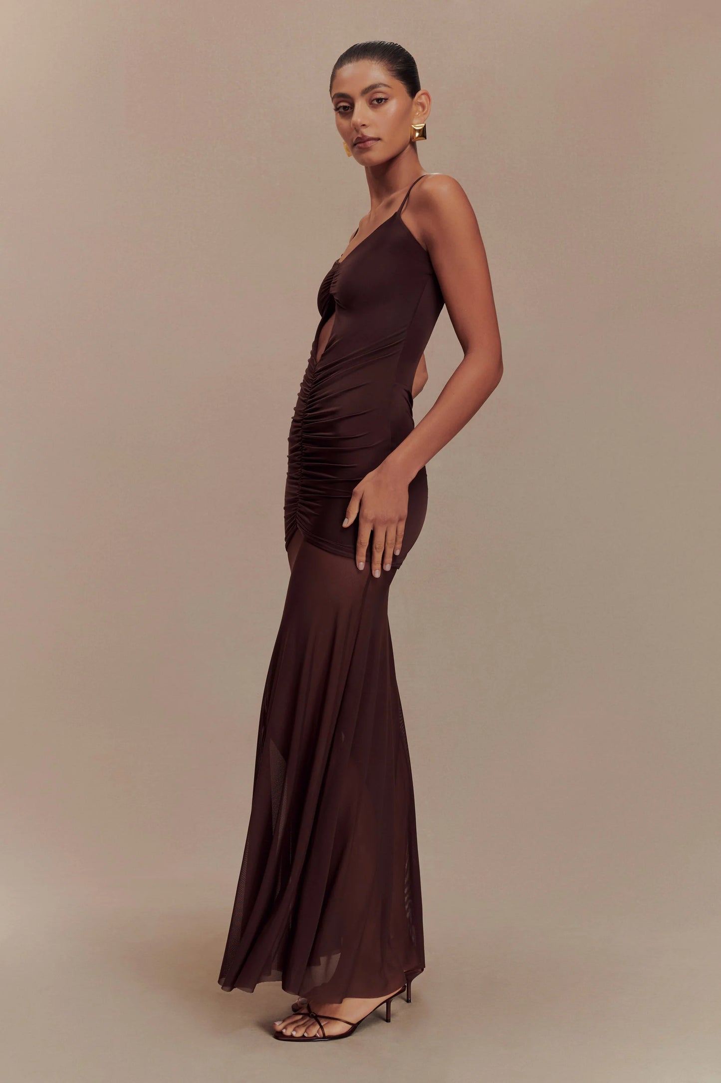 Delaney Slinky And Mesh Maxi Dress in Chocolate