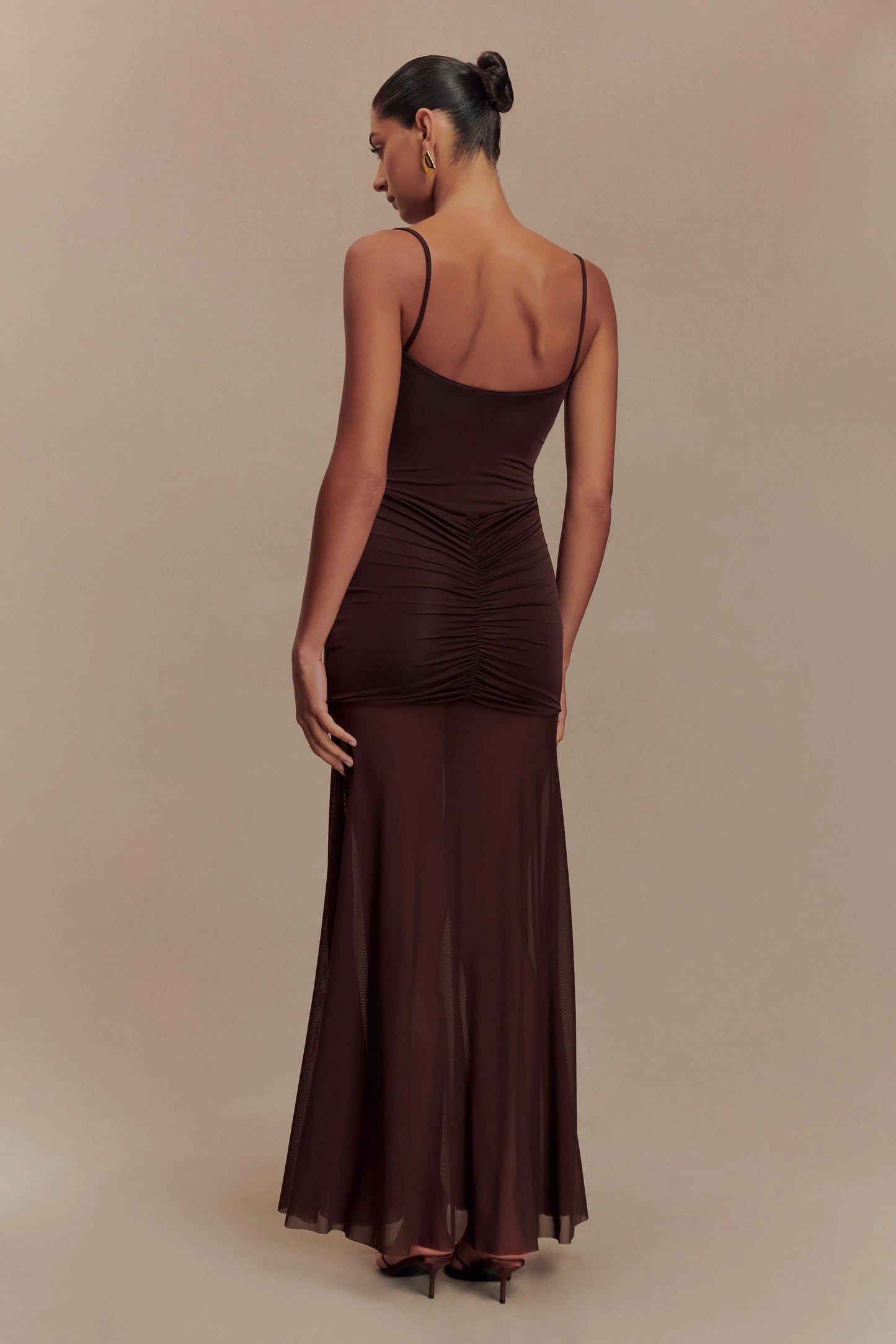 Delaney Slinky And Mesh Maxi Dress in Chocolate