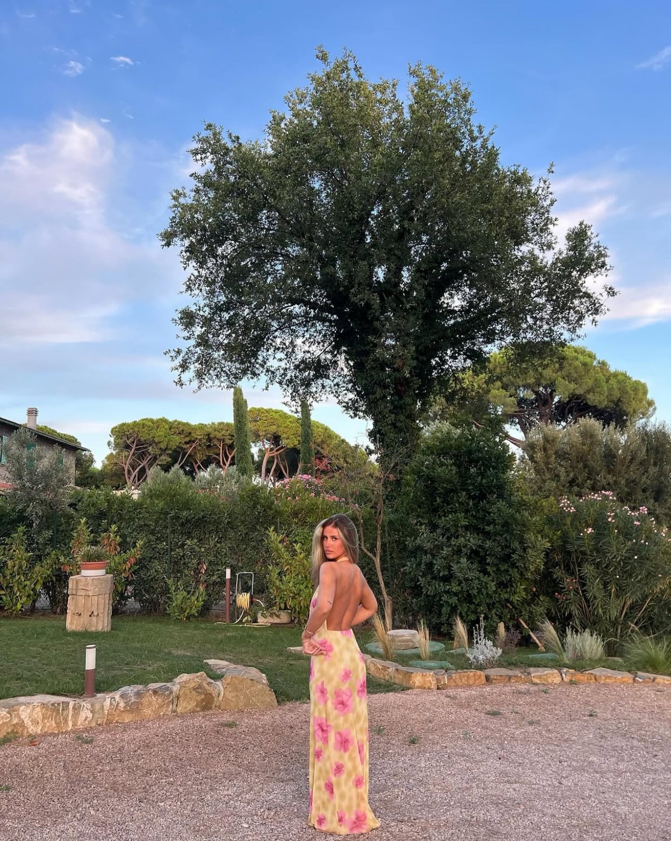Columbine Maxi Dress in Yellow with Pink Flowers