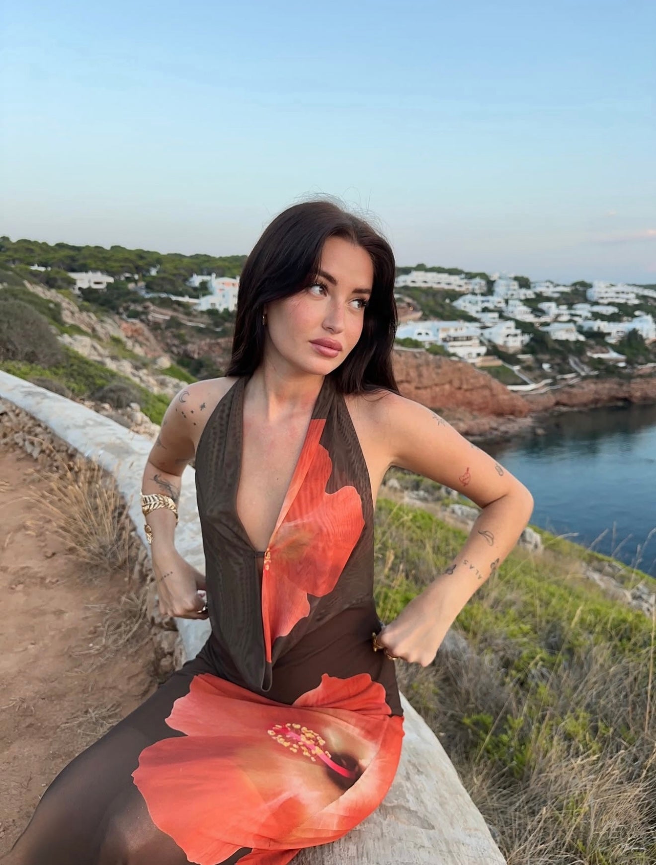 Columbine Maxi Dress in Brown with Red Flowers