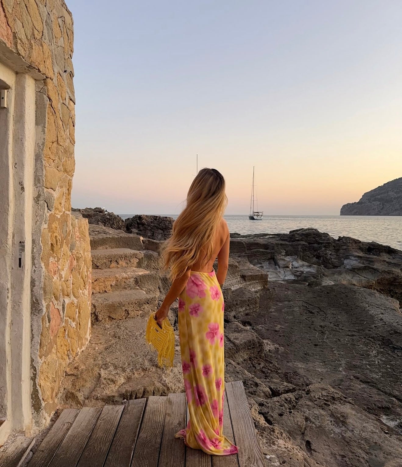 Columbine Maxi Dress in Yellow with Pink Flowers