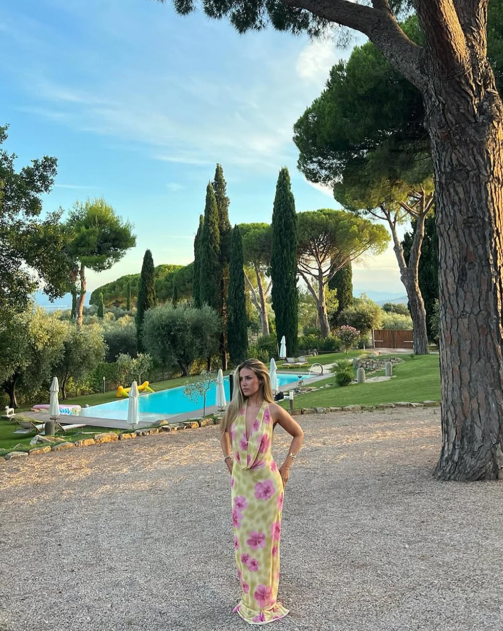 Columbine Maxi Dress in Yellow with Pink Flowers