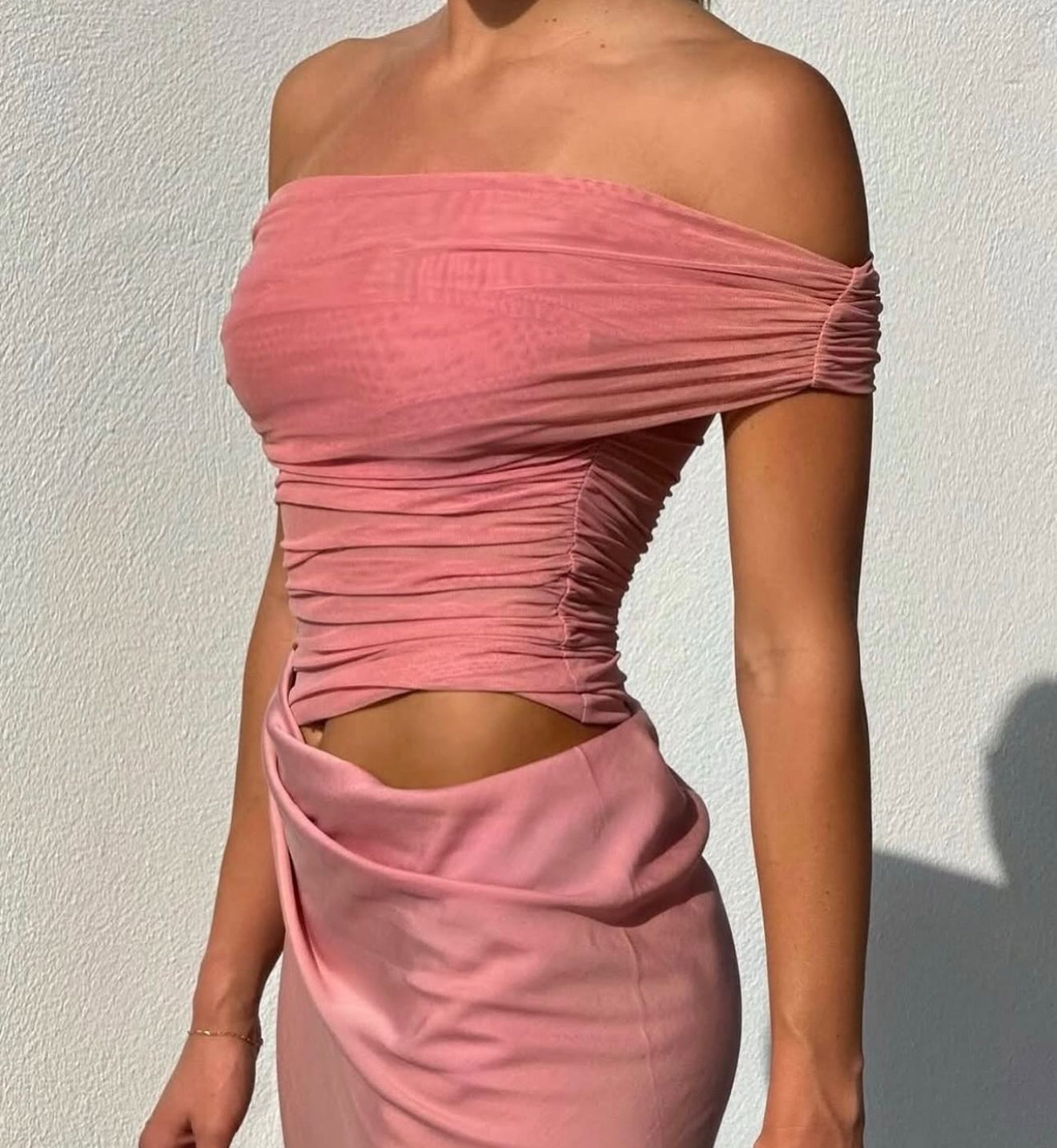 Nico Off Shoulder Maxi Dress in Candy Floss