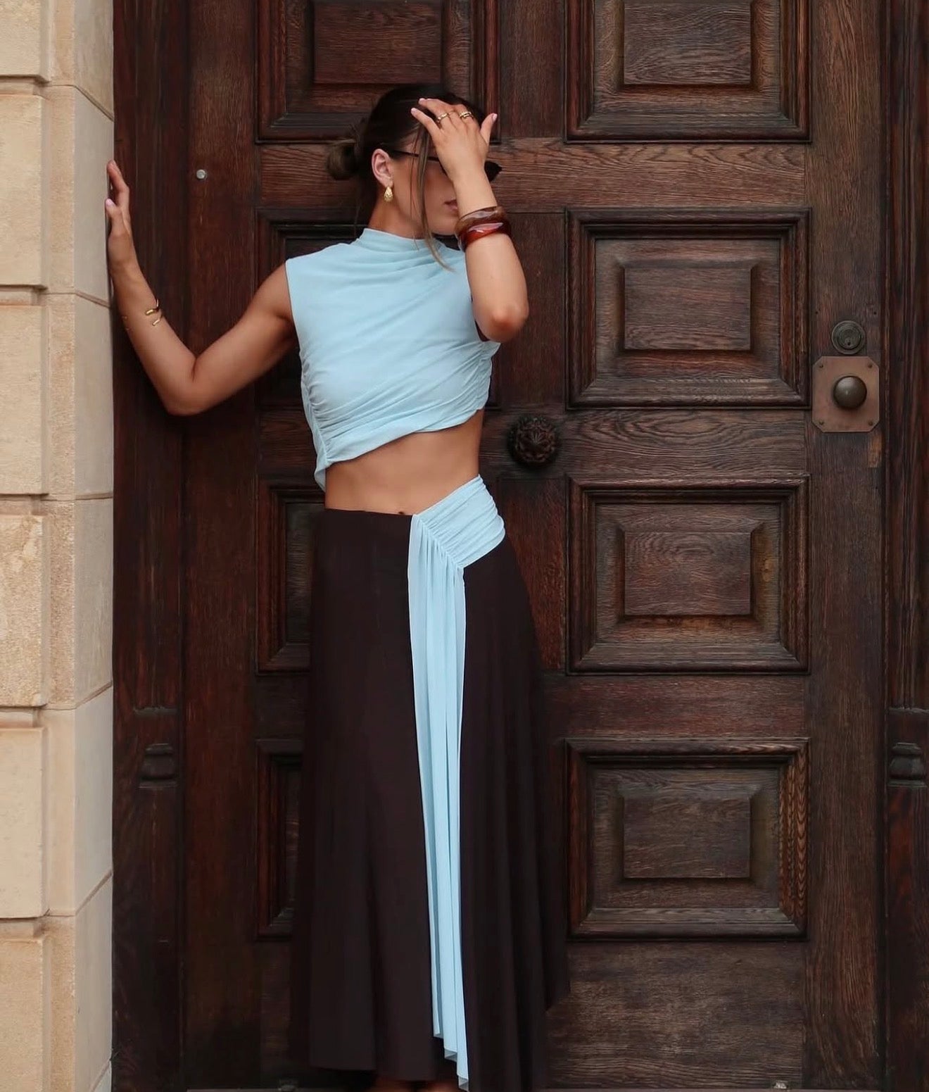 Conni Asym Dress in Arctic Blue/Dark Choc – Love it Loan it