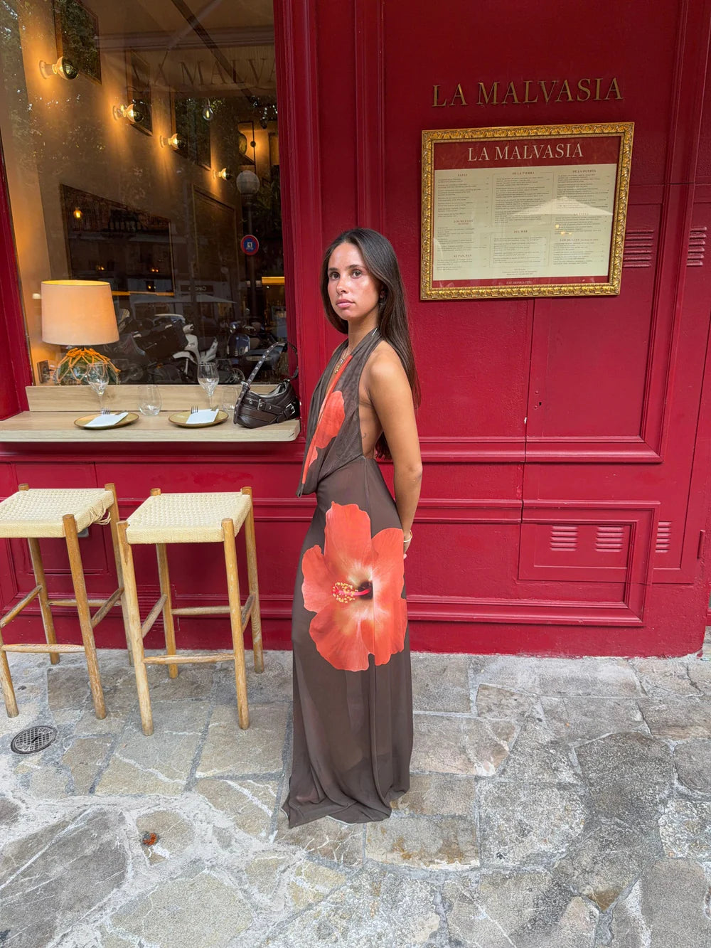 Columbine Maxi Dress in Brown with Red Flowers