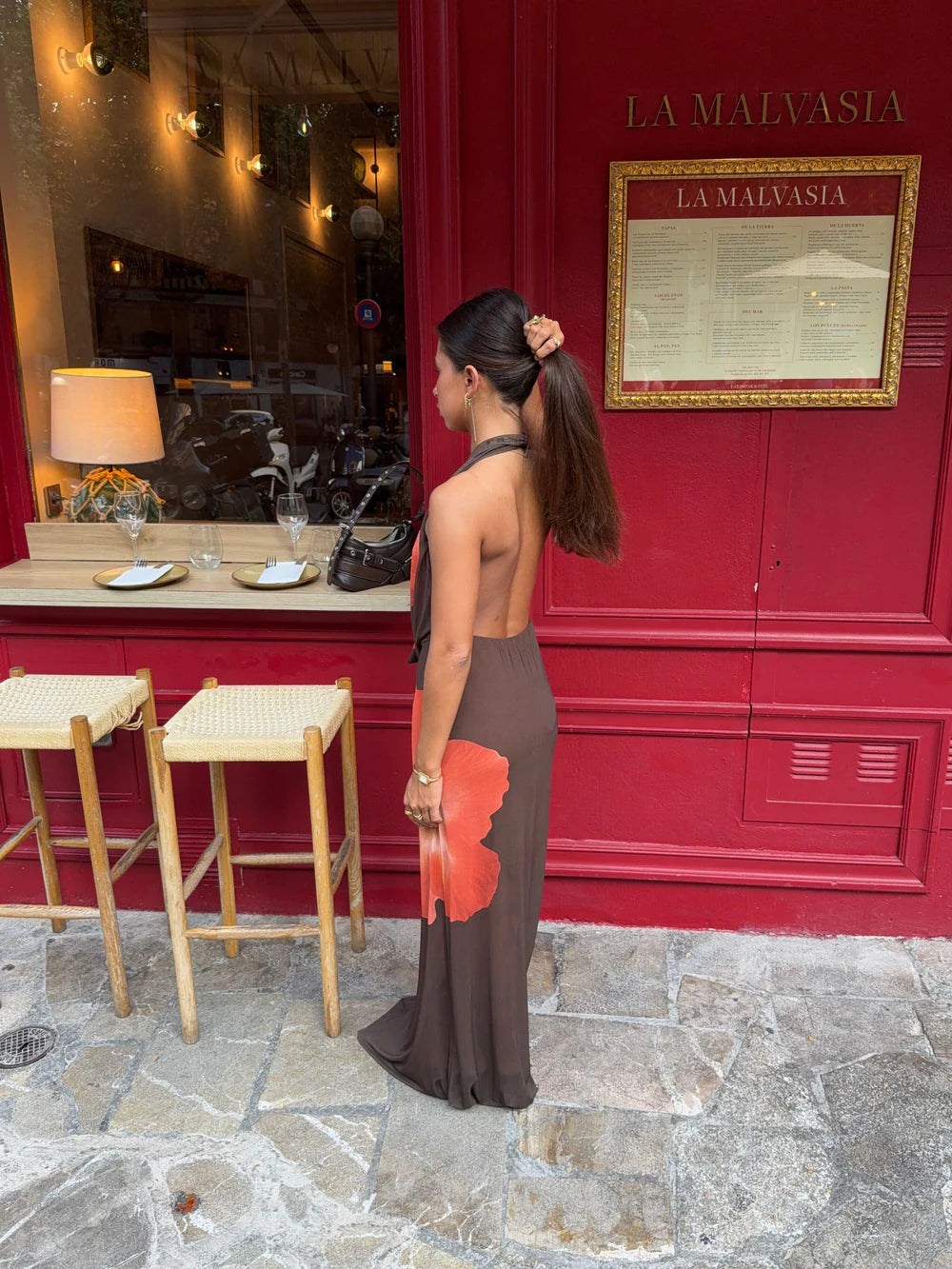 Columbine Maxi Dress in Brown with Red Flowers