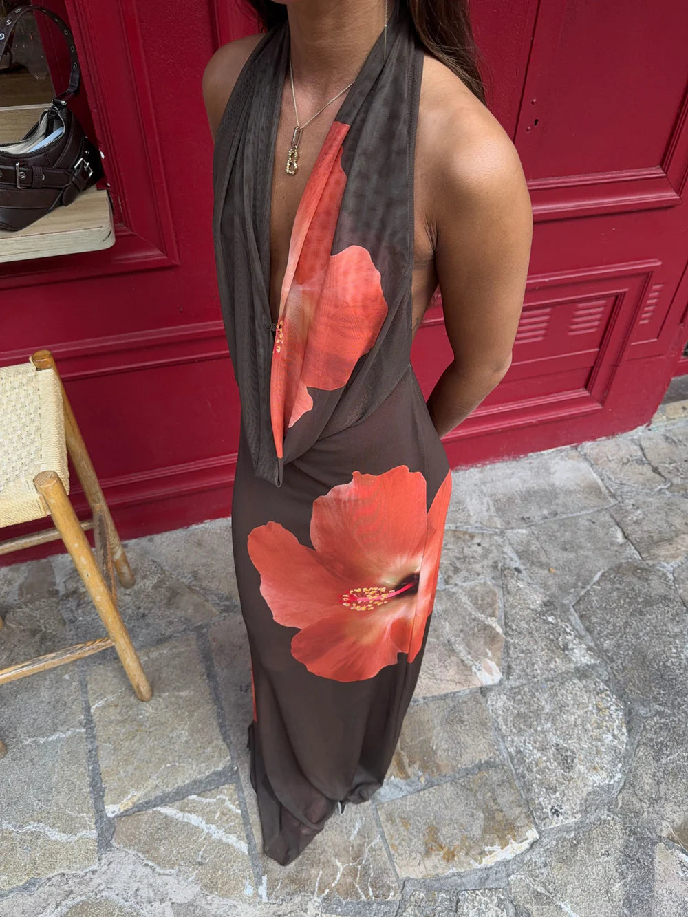 Columbine Maxi Dress in Brown with Red Flowers