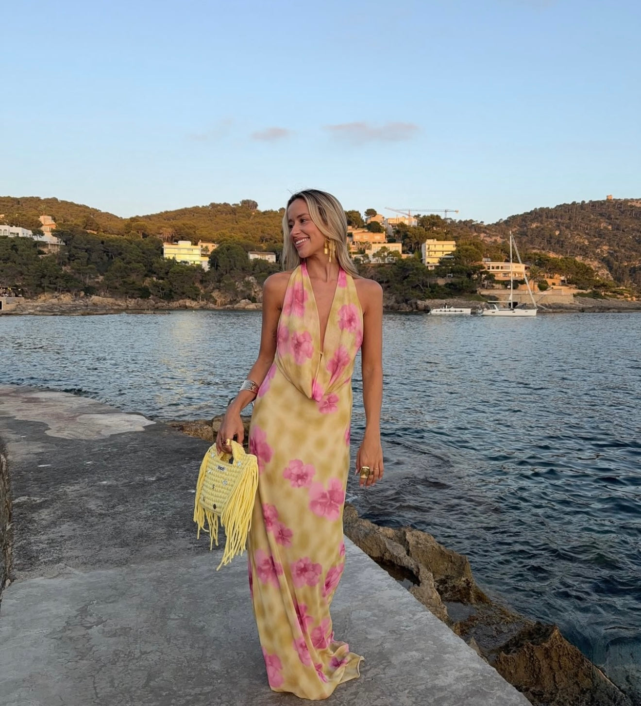 Columbine Maxi Dress in Yellow with Pink Flowers