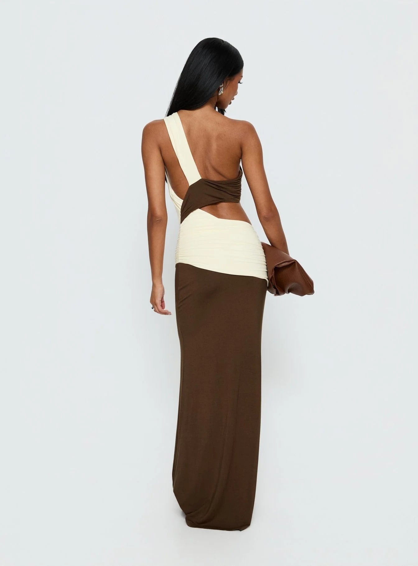 Loletta Draped One Shoulder Maxi in Chocolate/Yellow