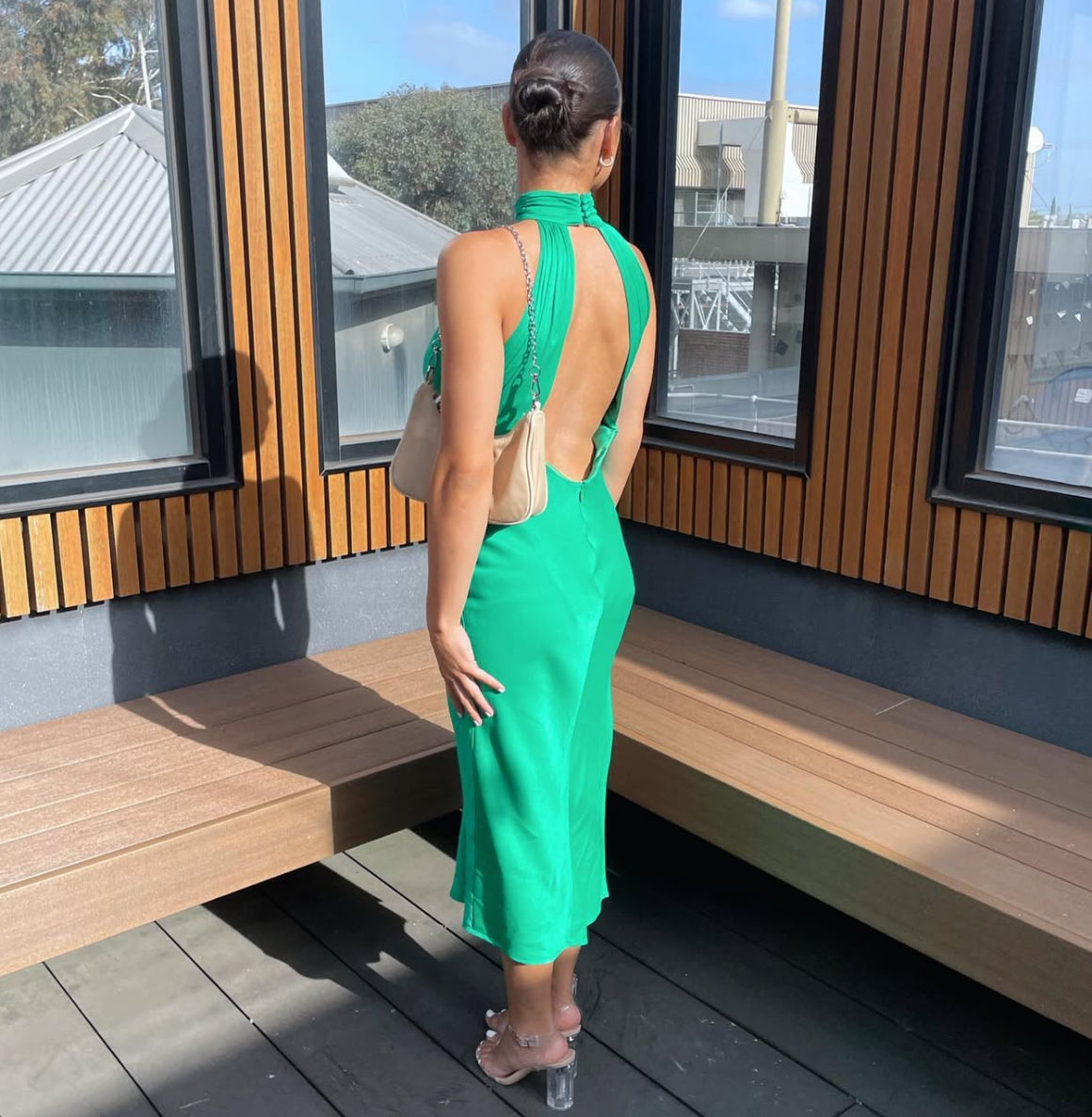 Claire Satin Drape Dress in Green