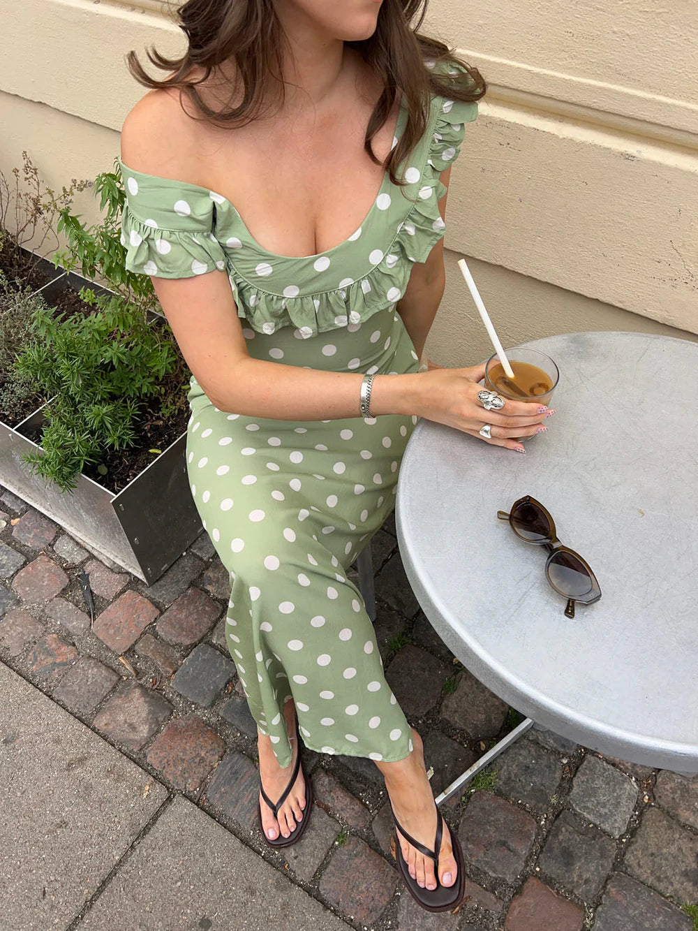 Luna Dress with Polka Dots in Green/White