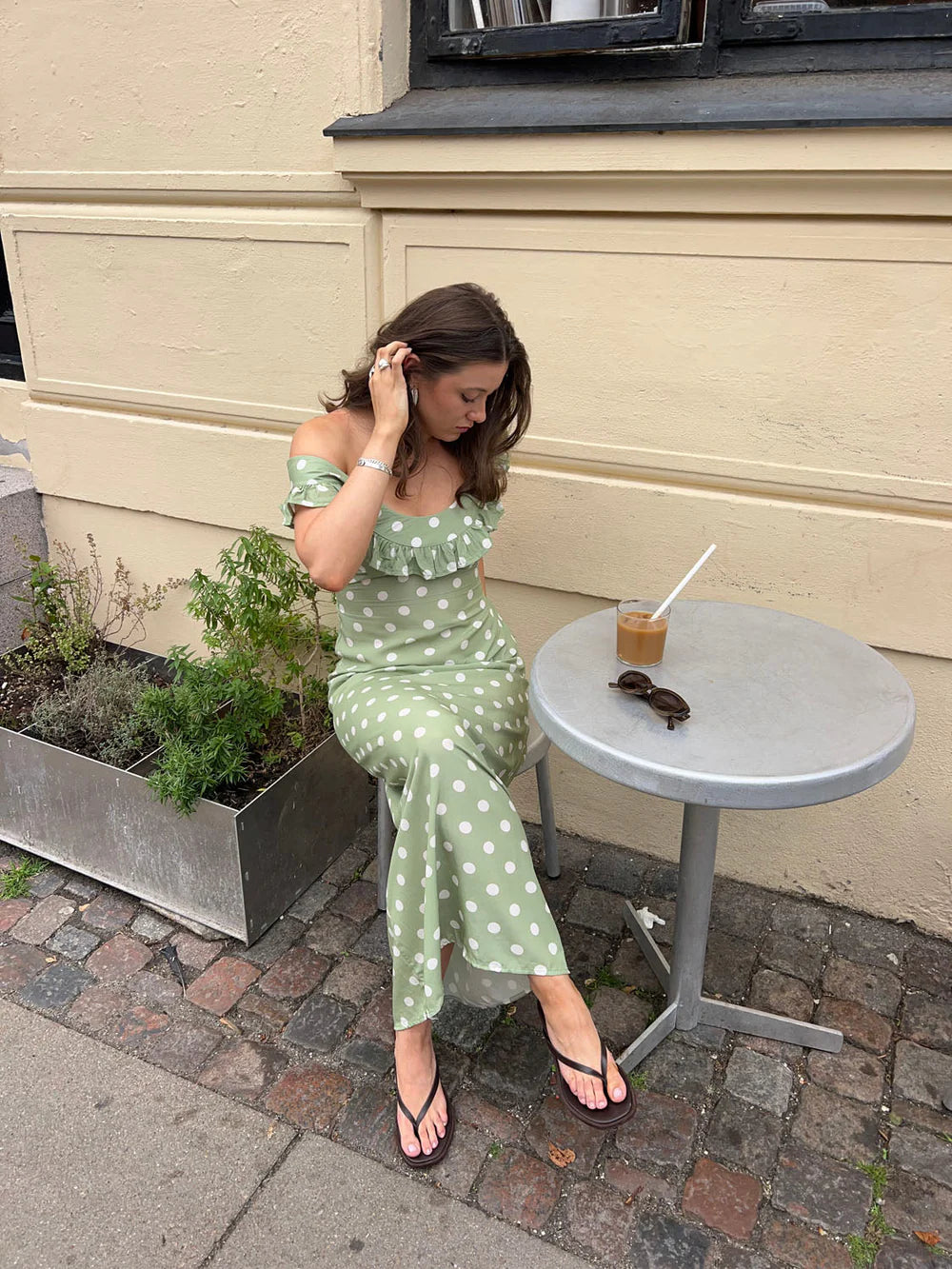 Luna Dress with Polka Dots in Green/White
