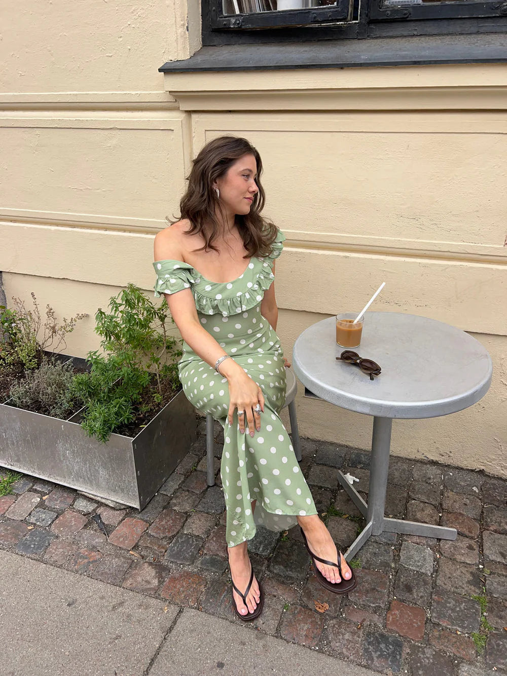 Luna Dress with Polka Dots in Green/White