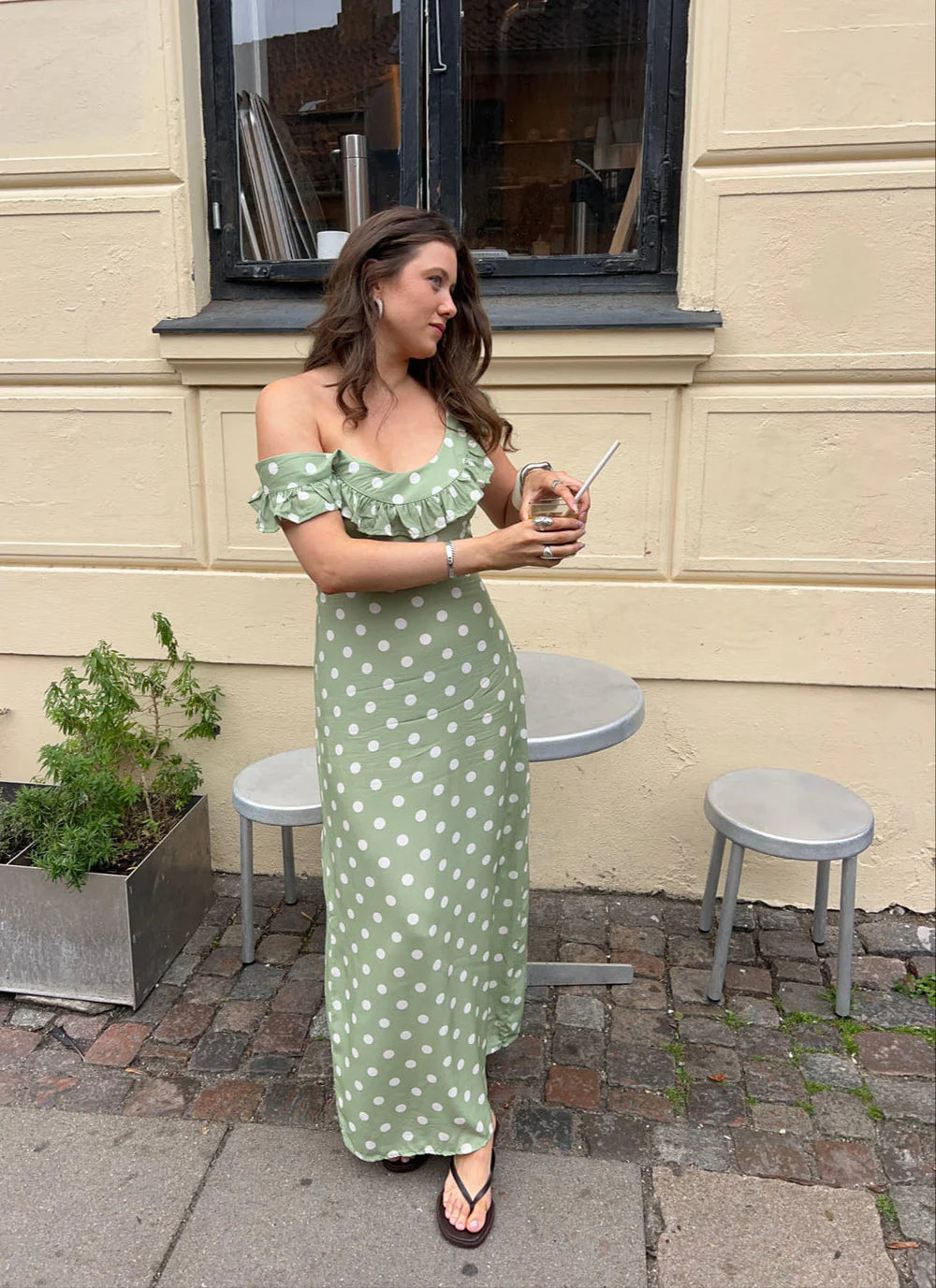Luna Dress with Polka Dots in Green/White