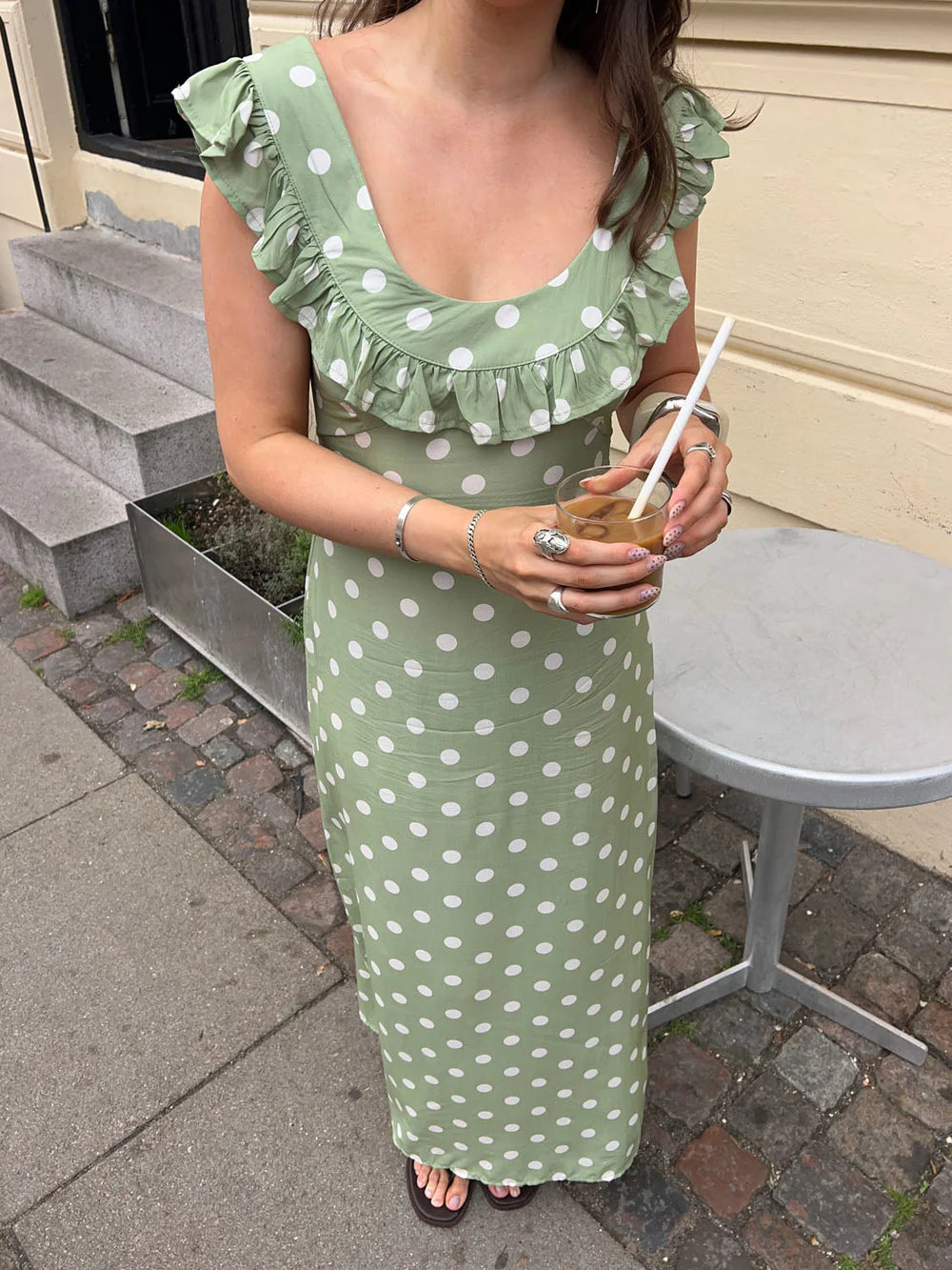 Luna Dress with Polka Dots in Green/White