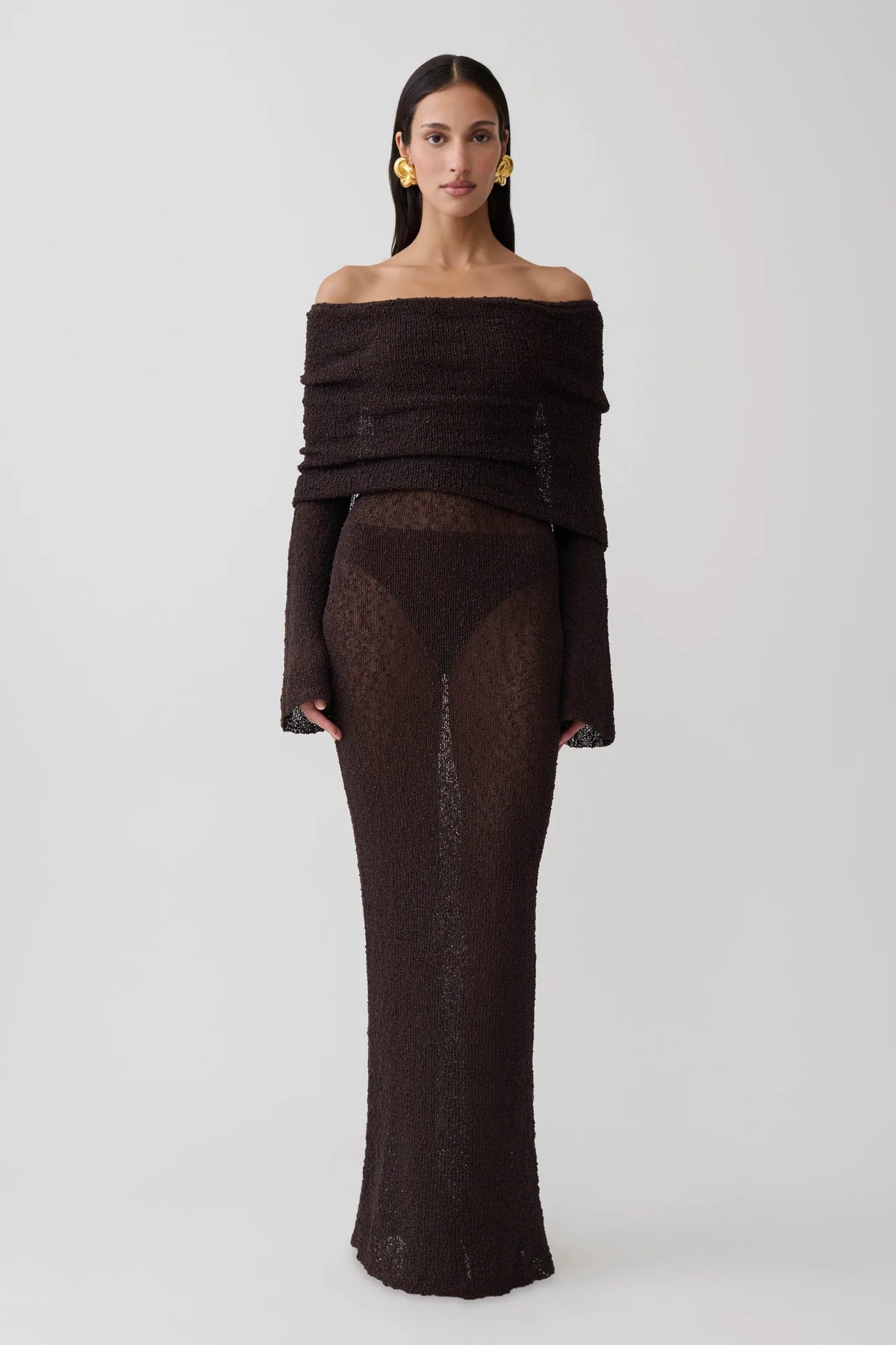 Marisol Off Shoulder Boucle Maxi Dress in Dark Chocolate