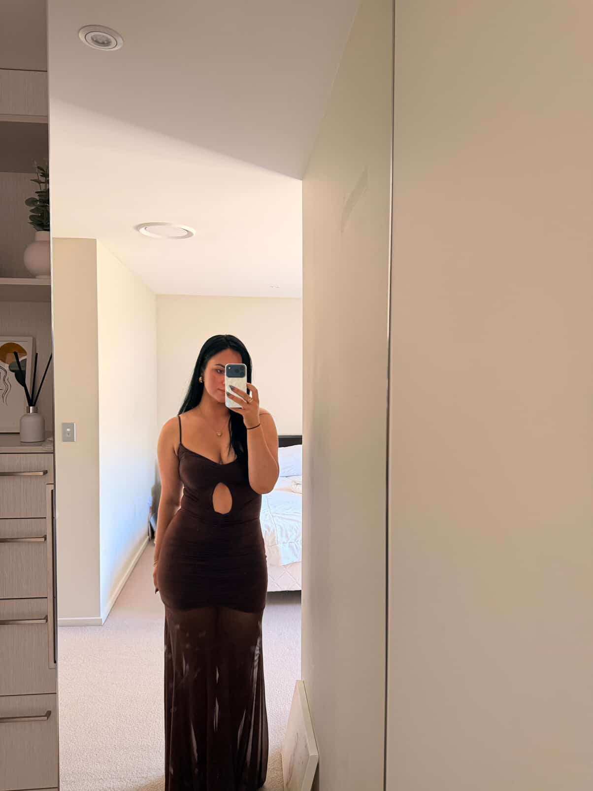 Delaney Slinky And Mesh Maxi Dress in Chocolate