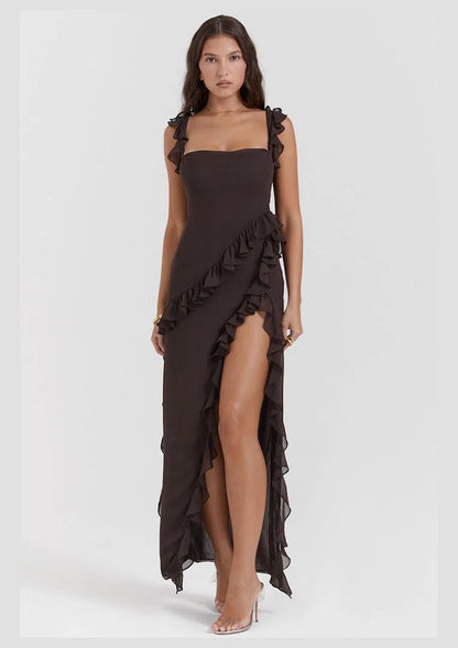 Ariela Ruffle Maxi Dress in Espresso
