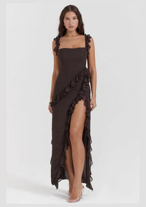 Ariela Ruffle Maxi Dress in Espresso - House of CB