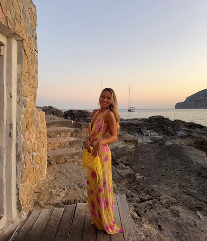 Columbine Maxi Dress in Yellow with Pink Flowers