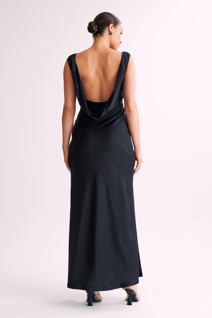 Nadia Satin Cowl Dress in Black