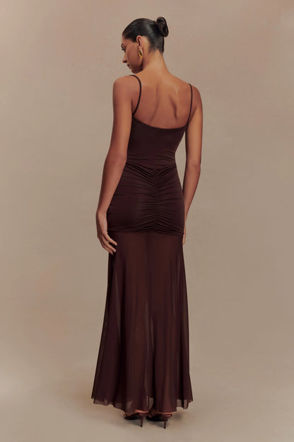 Delaney Slinky And Mesh Maxi Dress in Chocolate