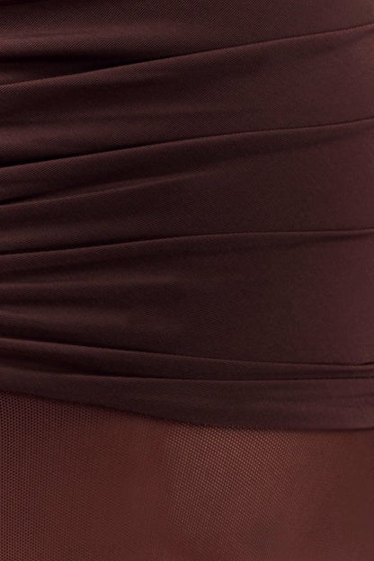 Delaney Slinky And Mesh Maxi Dress in Chocolate