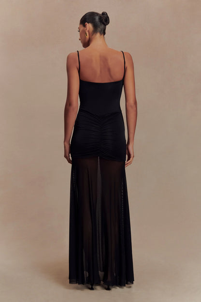 Delaney Slinky And Mesh Maxi Dress in Black