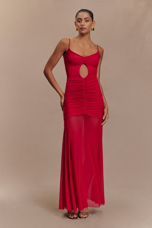 Delaney Slinky And Mesh Maxi Dress in Red