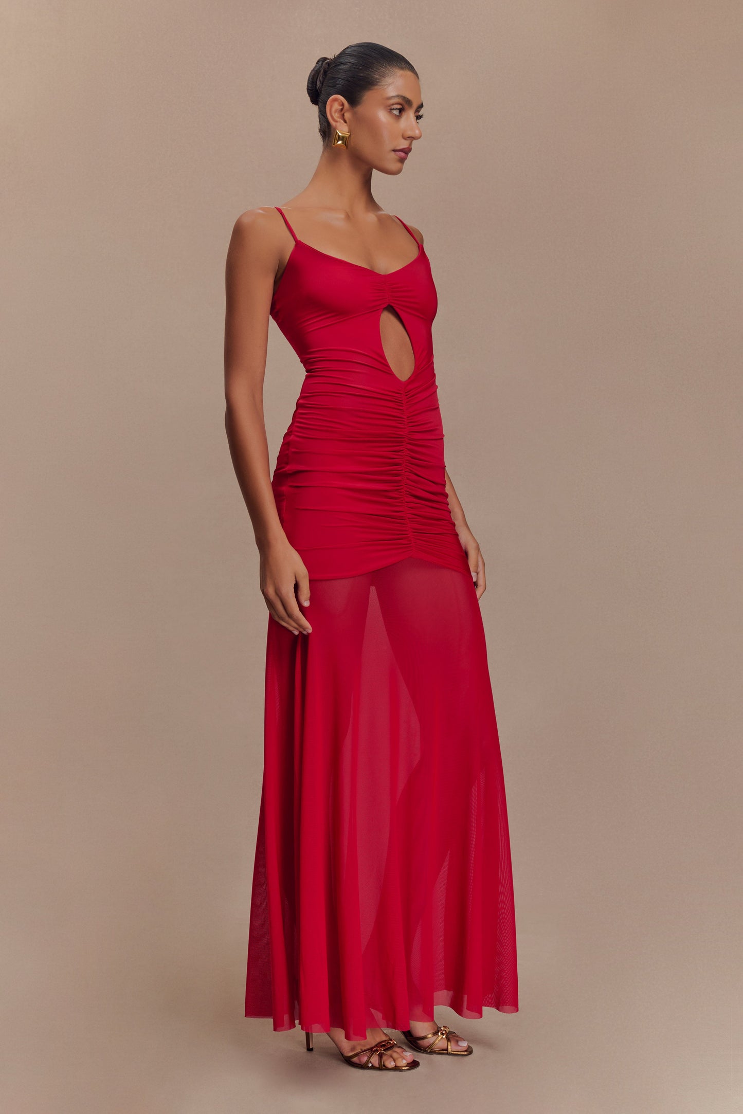 Delaney Slinky And Mesh Maxi Dress in Red