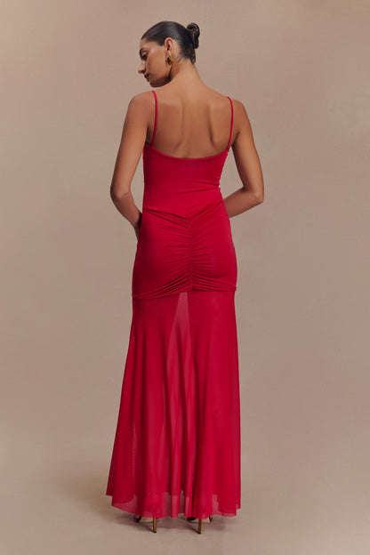 Delaney Slinky And Mesh Maxi Dress in Red
