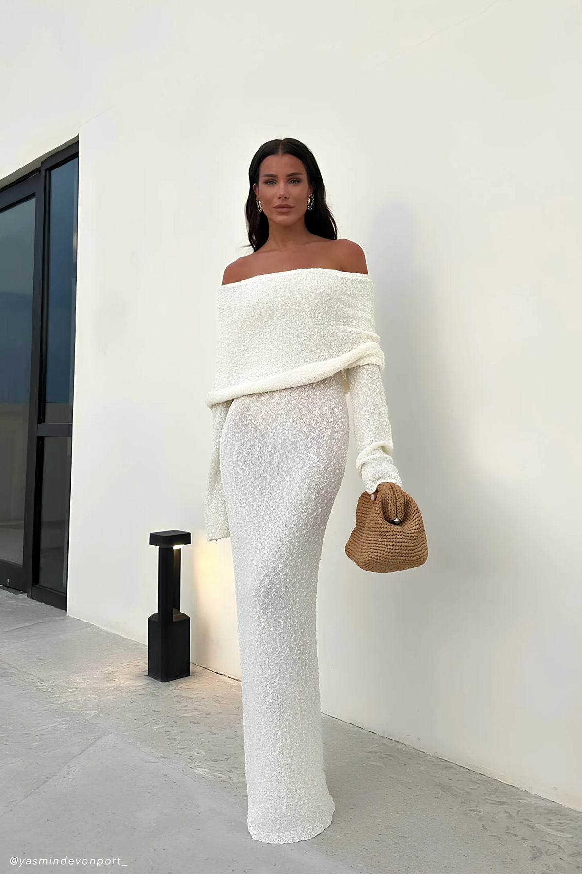 Marisol Off Shoulder Boucle Maxi Dress in Ivory