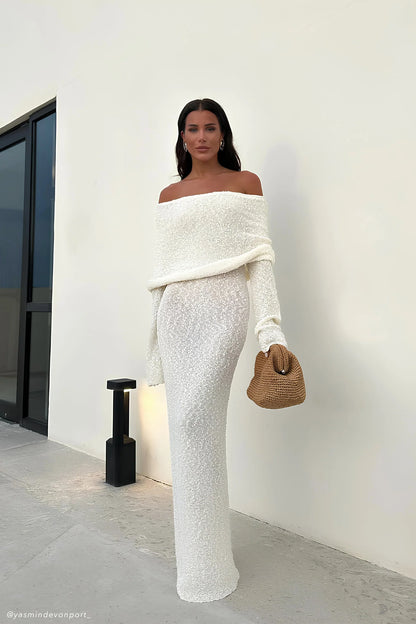 Marisol Off Shoulder Boucle Maxi Dress in Ivory