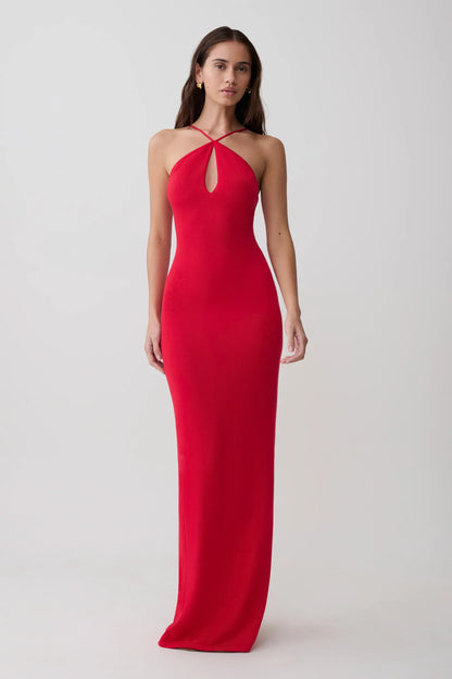 Ashtin Cross Front Knit Maxi Dress in Red