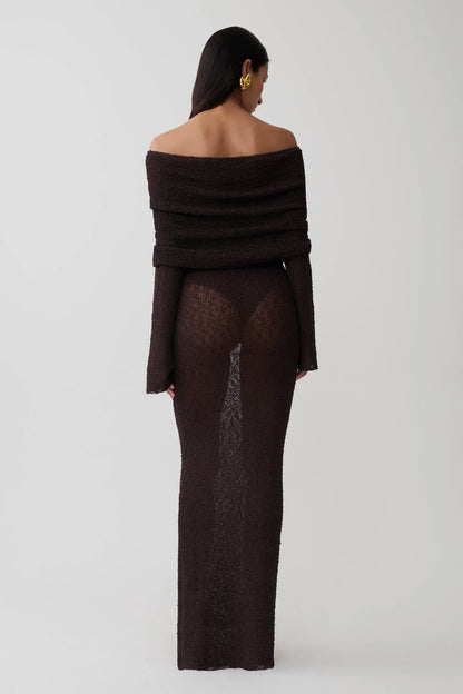 Marisol Off Shoulder Boucle Maxi Dress in Dark Chocolate