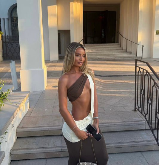 Loletta Draped One Shoulder Maxi in Chocolate/Yellow