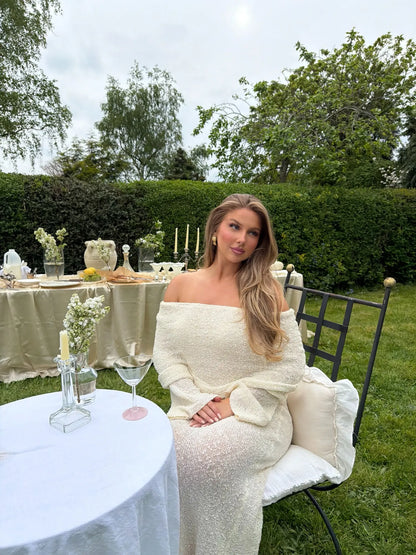 Marisol Off Shoulder Boucle Maxi Dress in Ivory
