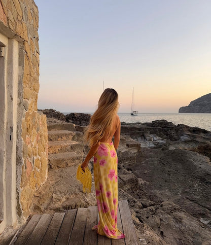 Columbine Maxi Dress in Yellow with Pink Flowers