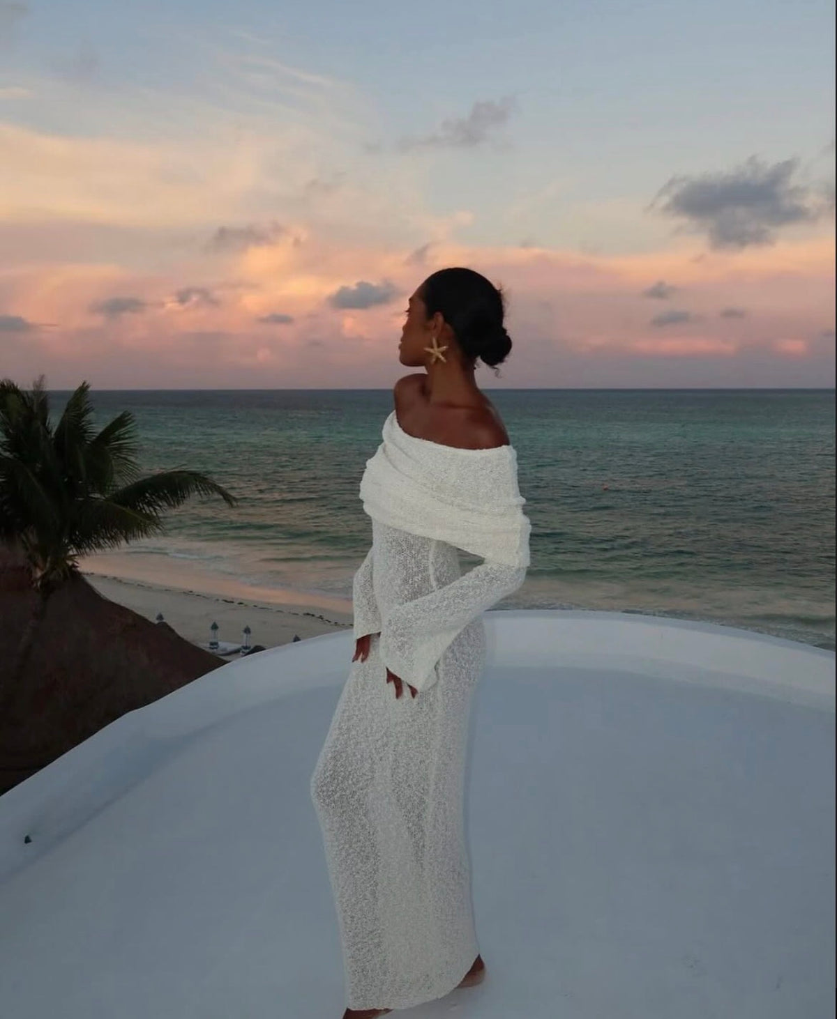 Marisol Off Shoulder Boucle Maxi Dress in Ivory