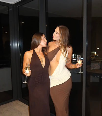 Loletta Draped One Shoulder Maxi in Chocolate/Yellow