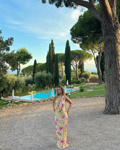 Columbine Maxi Dress in Yellow with Pink Flowers