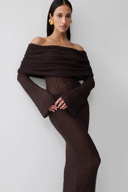 Marisol Off Shoulder Boucle Maxi Dress in Dark Chocolate