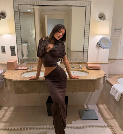 I'm Your Girl Off Shoulder Maxi in Chocolate