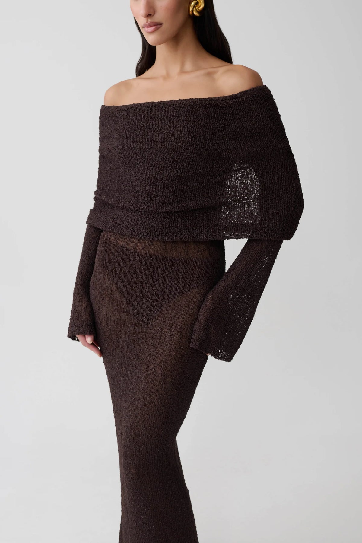 Marisol Off Shoulder Boucle Maxi Dress in Dark Chocolate