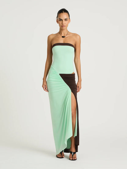 Rumi Strapless Maxi in Aqua/Choc
