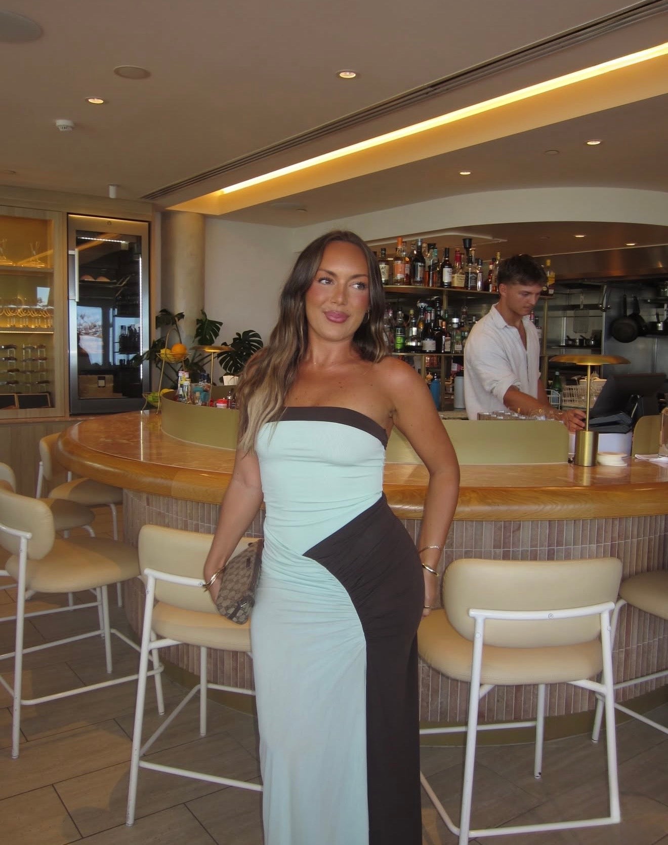 Rumi Strapless Maxi in Aqua/Choc