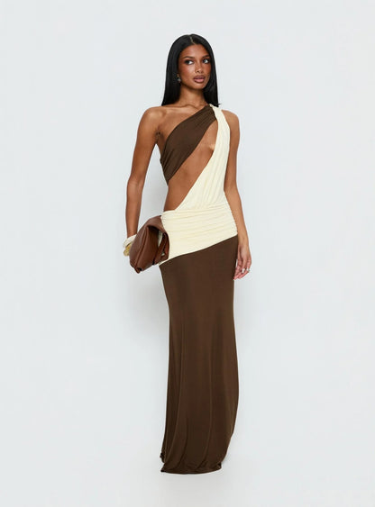 Loletta Draped One Shoulder Maxi in Chocolate/Yellow