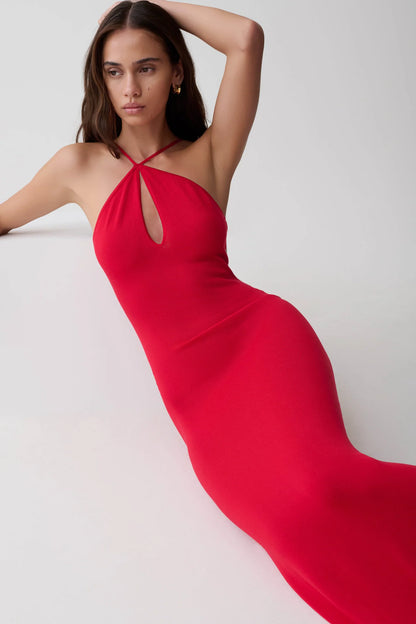 Ashtin Cross Front Knit Maxi Dress in Red
